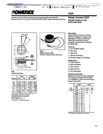 Powerex T820 Phase Control SCR Datasheet - cover page