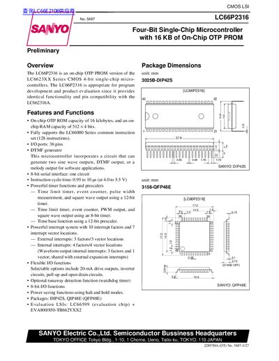 Sanyo LC66P2316 Microcontroller Datasheet - cover page