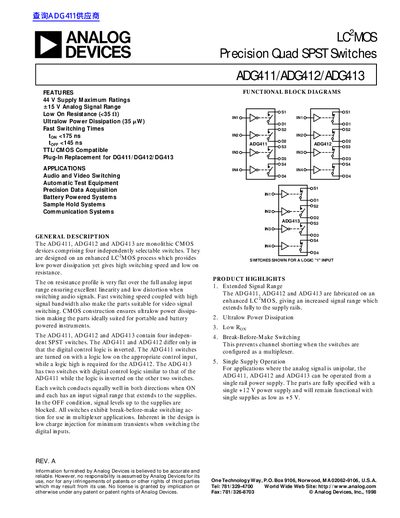 Analog Devices ADG411/ADG412/ADG413 Precision Quad SPST Switches Datasheet