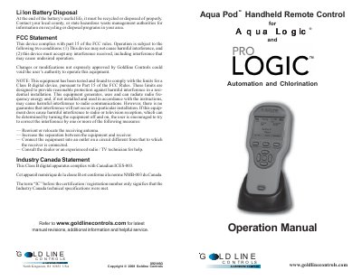 Goldline Controls Aqua Pod Handheld Remote Control Operation Manual - cover page