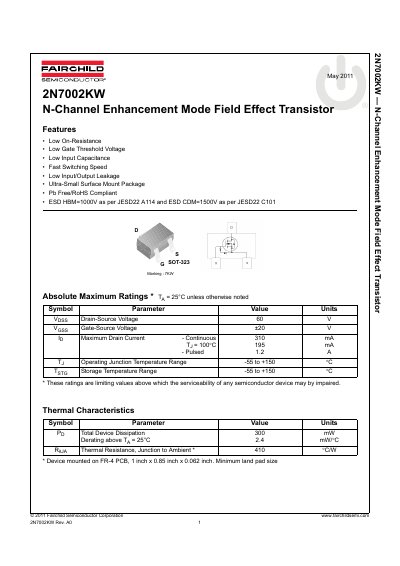 Fairchild 2N7002KW N-Channel MOSFET Datasheet - cover page