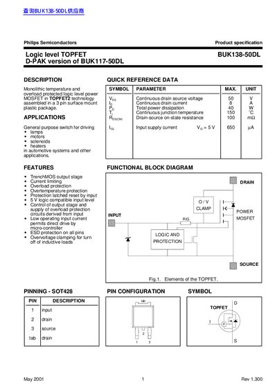 Philips BUK138-50DL Logic Level TOPFET Datasheet - cover page