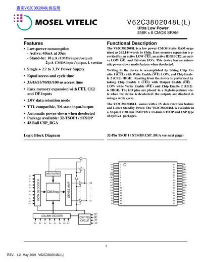 MOSEL VITELIC V62C3802048L(L) Ultra Low Power 256K×8 CMOS SRAM Datasheet - cover page
