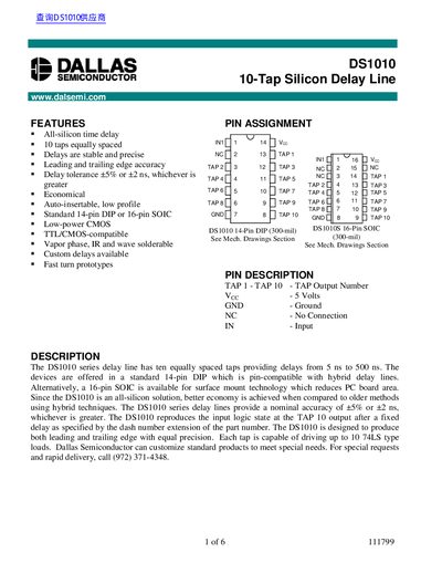 Dallas Semiconductor DS1010 10‑Tap Silicon Delay Line Datasheet - cover page