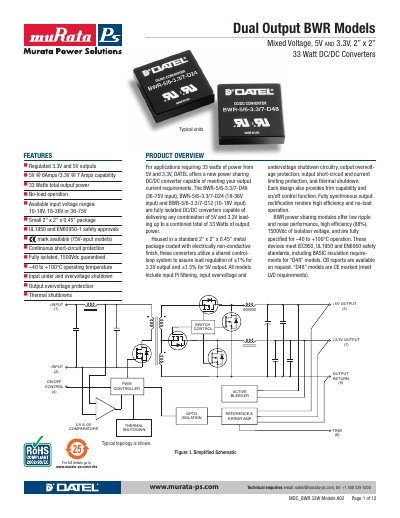 Murata BWR-5/6-3.3/7-D12/D24/D48 Dual Output 33W DC/DC Converter Handbook - cover page