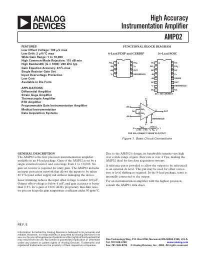 Analog Devices AMP02 Instrumentation Amplifier Datasheet - cover page