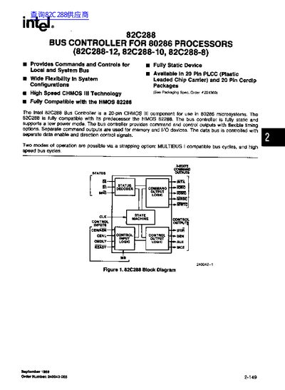 Intel 82C288 Bus Controller for 80286 Processors Datasheet - cover page