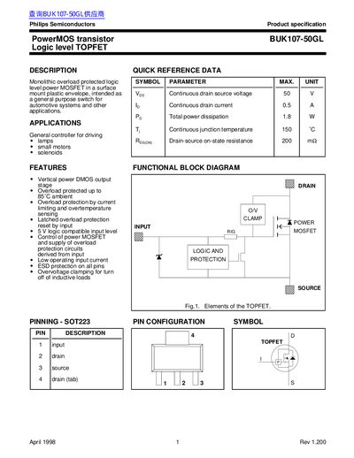 Philips Semiconductors BUK107-50GL PowerMOS Transistor Datasheet - cover page