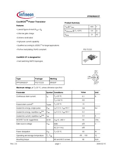 Infineon IPP60R600CP CoolMOS Power Transistor Datasheet - cover page