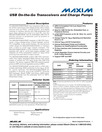 Maxim MAX3301E/MAX3302E USB On-the-Go Transceiver and Charge Pump Datasheet