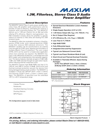 Maxim MAX9701 Stereo Class D Audio Power Amplifier Datasheet