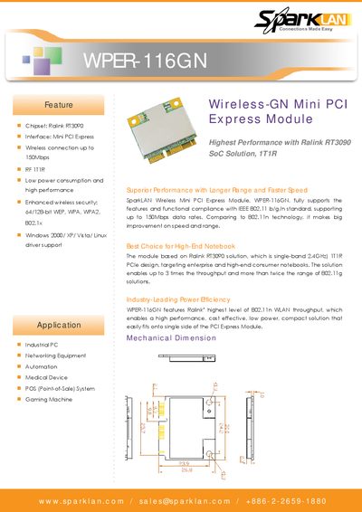 SparkLAN WPER-116GN Wireless Mini PCI Express Module Product Leaflet