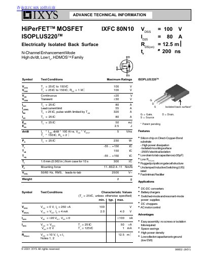 IXYS IXFC 80N10 HiPerFET MOSFET Datasheet - cover page