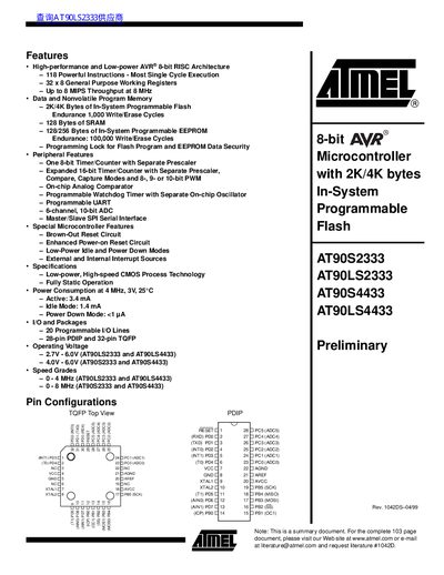ATMEL AT90S2333 AT90LS2333 AT90S4433 AT90LS4433 Preliminary - cover page