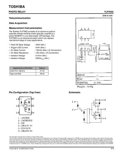 Toshiba TLP795G Photo Relay Datasheet - cover page