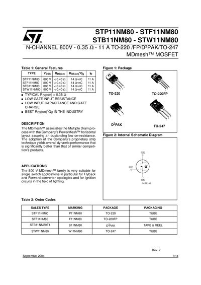STMicroelectronics STP11NM80 / STF11NM80 / STB11NM80 / STW11NM80 MOSFET Datasheet - cover page