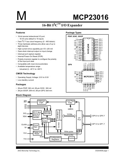 Microchip MCP23016 16-Bit I/O Expander Datasheet - cover page