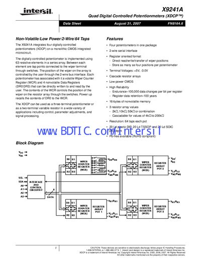 Intersil X9241A Quad Digital Controlled Potentiometer Datasheet - cover page