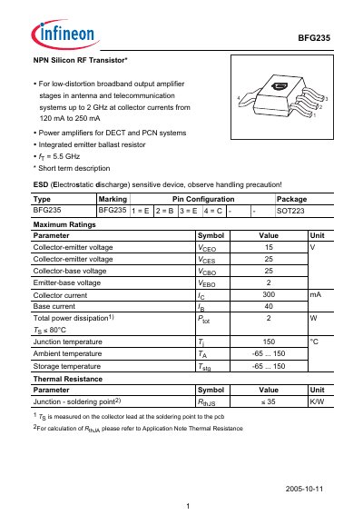 Infineon BFG235 Silicon RF Transistor Datasheet - cover page
