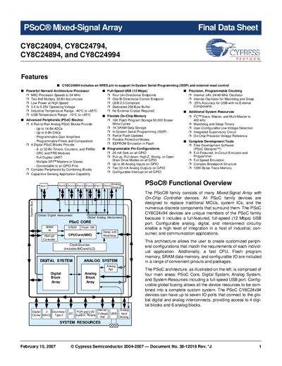 Cypress CY8C24094/CY8C24794/CY8C24894/CY8C24994 PSoC Mixed-Signal Array Final Data Sheet