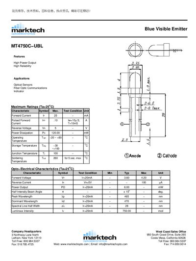 Marktech MT4750C-UBL Blue Visible Emitter Datasheet - cover page