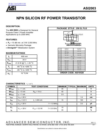 Advanced Semiconductor ASI2003 NPN Silicon RF Power Transistor Datasheet - cover page