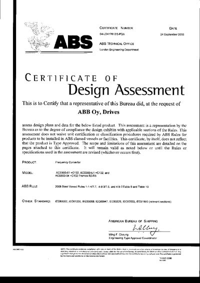 ABB Certificate of design assessment from ABS for ACS800-01 Manual - cover page