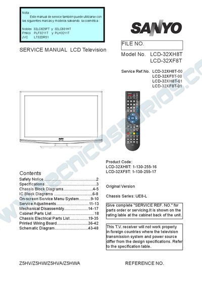 Sanyo LCD-32XH8T / LCD-32XF8T Television Service Manual - cover page