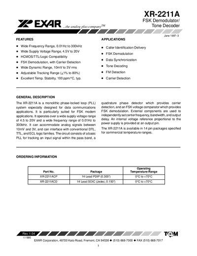 EXAR XR-2211A Datasheet - cover page