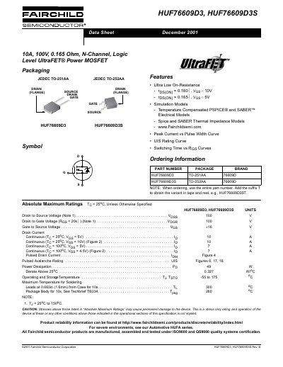 Fairchild Semiconductor HUF76609D3/HUF76609D3S Data Sheet - cover page