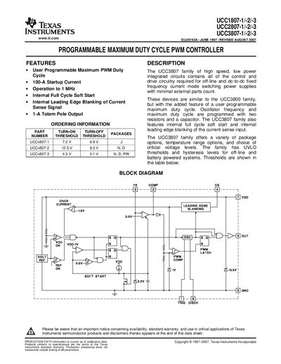 Texas Instruments UCC1807/UCC2807/UCC3807 PWM Controller Handbook - cover page