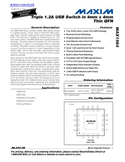 Maxim MAX1564 Triple USB Switch Datasheet - cover page