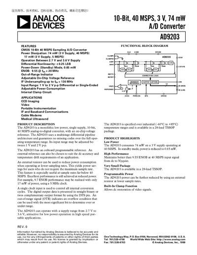 Analog Devices AD9203 10‑Bit 40 MSPS 3 V 74 mW A/D Converter Datasheet - cover page