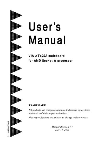 VIA KT400A Mainboard User's Manual - cover page