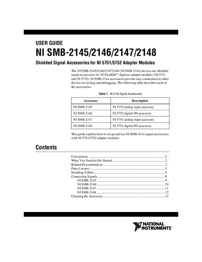 NATIONAL INSTRUMENTS NI SMB-2145/2146/2147/2148 Shielded Signal Accessories for NI 5751/5752 Adapter Modules USER GUIDE  - cover page
