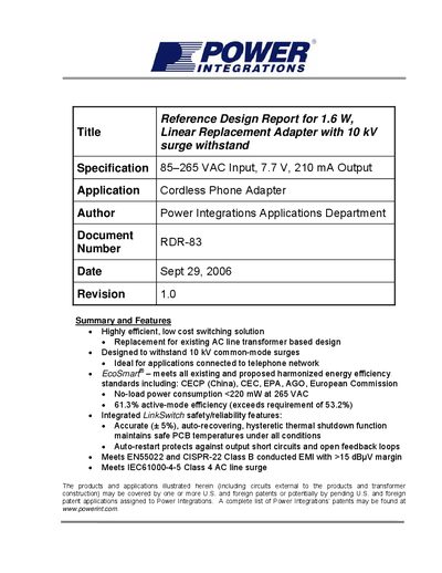 POWER INTEGRATIONS Reference Design Report for 1.6 W Linear Replacement Adapter with 10 kV surge withstand Specification 85 265 VAC Input 7.7 V 210 mA Output Application Cordless Phone  - cover page