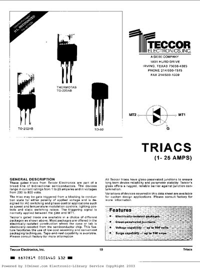Teccor Triacs 1-25 A Datasheet - cover page