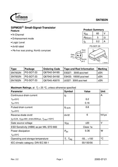 Infineon SN7002N Small-Signal Transistor Datasheet - cover page