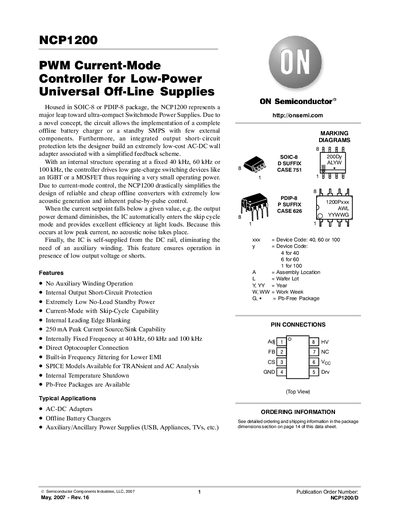ON Semiconductor NCP1200 PWM Current-Mode Controller Datasheet - cover page