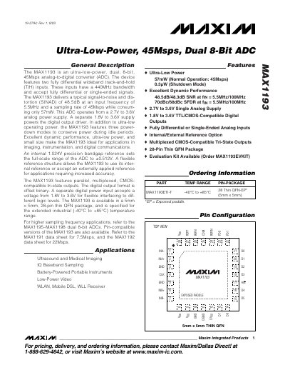 Maxim MAX1193 Ultra-Low-Power 45Msps Dual 8-Bit ADC Datasheet - cover page