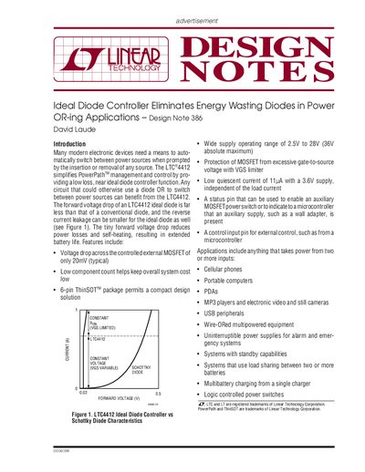 LINEAR Ideal Diode Controller Eliminates Energy Wasting Diodes in Power OR-ing Applications Design Note 386 David Laude - cover page