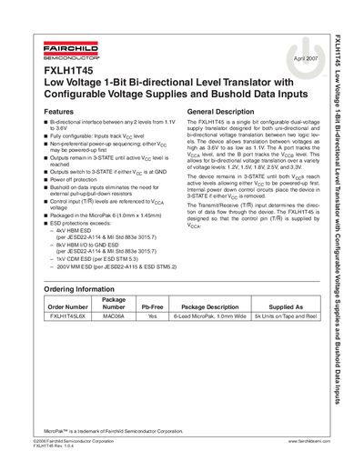 Fairchild FXLH1T45 Low Voltage 1‑Bit Bi‑directional Level Translator Datasheet - cover page