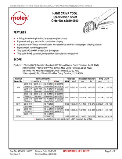 MOLEX HAND CRIMP TOOL Specification Sheet Order No. 63819-0800 Manual - cover page