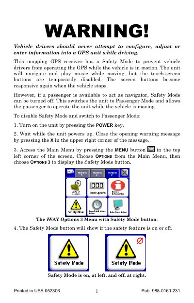 Lowrance iWAY 250C Safety Mode Operating Manual - cover page