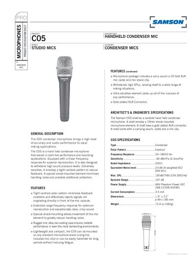 Samson C05 Handheld Condenser Microphone Product Specification Sheet - cover page