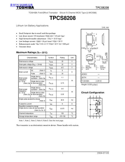 Toshiba TPCS8208H AURA MOSFET Datasheet - cover page