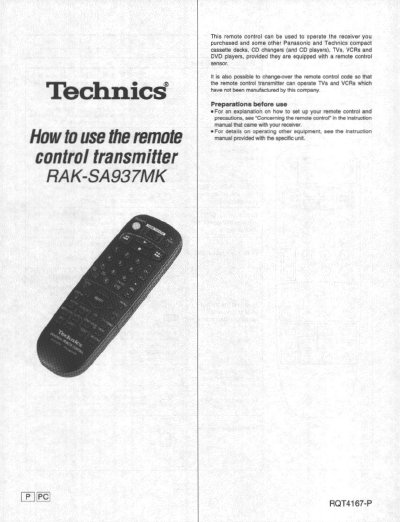Panasonic RAK-SA937MK Remote Control Transmitter User Manual - cover page
