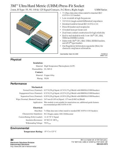 3M Ultra Hard Metric (UHM) Press-Fit Socket 2 mm B Type: 55 95 110 125 Signal Contacts 5+2 Rows Right Angle UHM Series - cover page