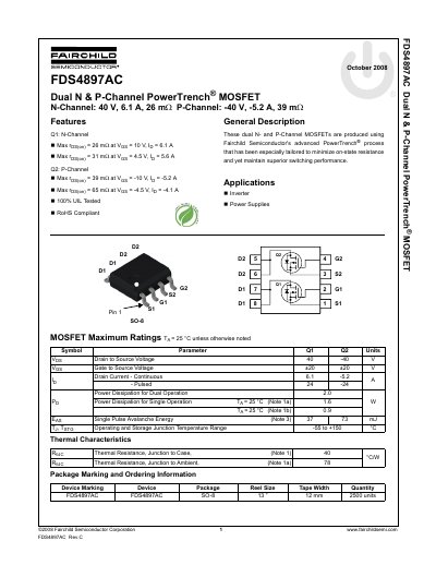 Fairchild Semiconductor FDS4897AC Dual N & P-Channel MOSFET Datasheet - cover page