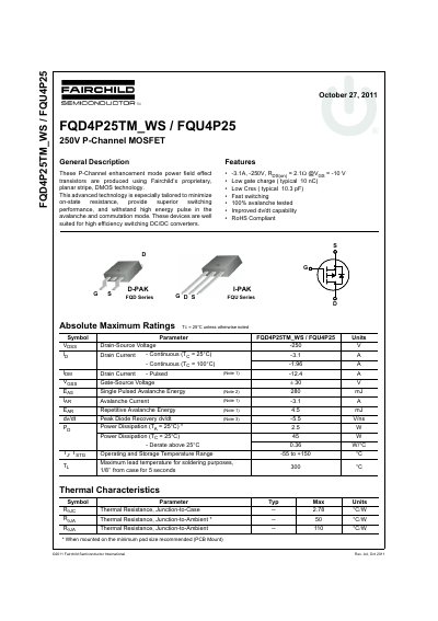 Fairchild Semiconductor FQD4P25TM_WS P-Channel MOSFET Datasheet - cover page